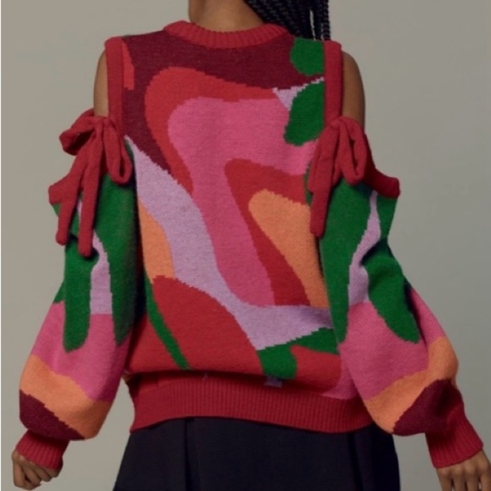Farm Rio x Anthropologie Cold Shoulder Crew Sweater Multicolor Knit Womens XS - Picture 3 of 5